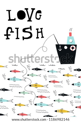 Love fish -  fishing from the boat in the sea. Cute kids paper cut vector illustration with hand drawn lettering.
