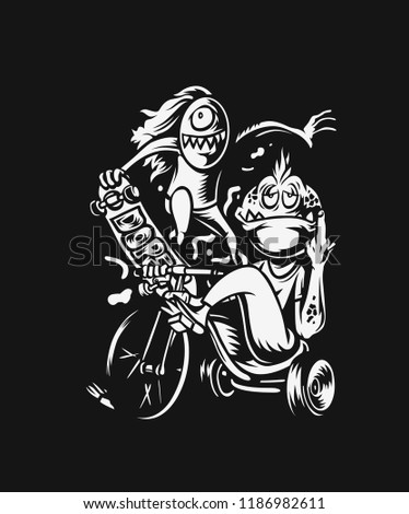 Cute Monster Cycling. t shirt graphic design for kids vector Illustration. 