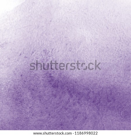Violet watercolor ombre leaks and splashes texture on white watercolor paper background. 