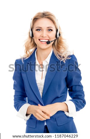 Call center. Smiling female support phone operator in blue confident suit and headset, isolated over white background. Caucasian blond model in customer service help consulting concept.  Royalty-Free Stock Photo #1187046229