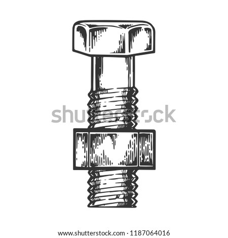 Bolt and screwed nut engraving vector illustration. Scratch board style imitation. Black and white hand drawn image.