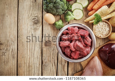 Fresh ingredients for a healthy nutritious dog diet with a bowl of chopped raw beef, chicken, liver, egg. assorted vegetables and grains in an overhead view on wood with copy space
