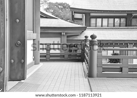 Walkway of Temple Terrace in Japan, This image was blurred or selective focus, Black and white picture.