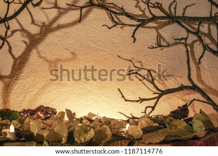 Spooky horror background with dry branch and leaf in warm tone color for halloween night concept decorated