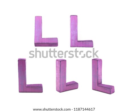 Single sawn wooden L letter symbol in different angles and foreshortenings isolated over the white background