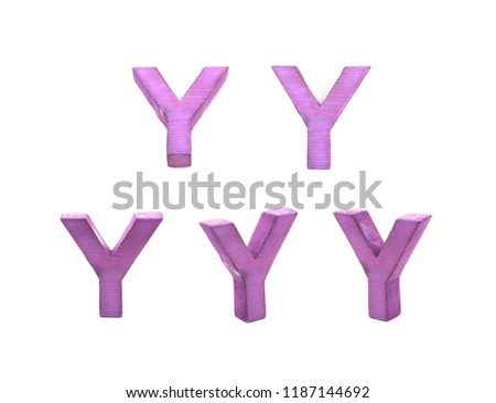 Single sawn wooden Y letter symbol in different angles and foreshortenings isolated over the white background