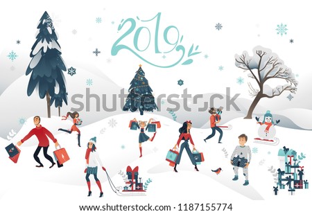 Vector 2019 new year, christmas holiday sale, discount or clearance characters at winter outdoor snow landskape background. Happy cheerful men and women, kids running with present boxes shopping bags