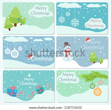 Set of cards with Christmas trees, baubles, snowflakes, gift boxes and snowman, illustration.