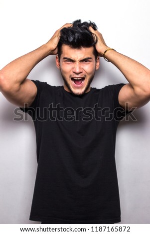Happy screaming man in black t shirt emotions isolated mock up