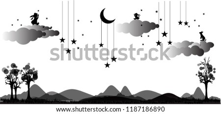 Star and  dreaming rabbits and night sky.Present Card in Night theme Moon Stars with copy space. Insomnia concept ,Vector illustration. EPS 10,Panarama.