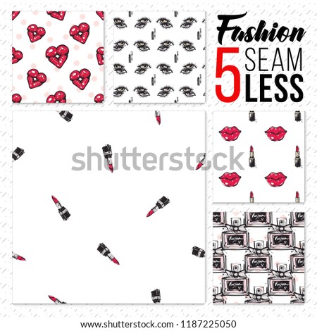 Fashion kit of 5 seamless patterns. Hand drawn sketch elements, digital fashion illustration. Set of backgrounds for fashion magazine, blog, ads or promo banner.
