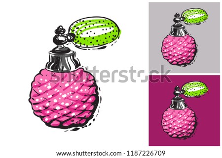 Illustration of french perfume. Luxury fashion style clip-art icon for branding, t-shirt print, promo ads. Isolated vector element on white, gray and amaranth purple colors.
