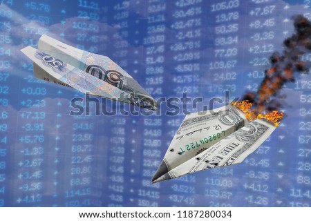 Exchange rate illustration. Strong ruble rate hits dollar like one war paper plane hits another. Ruble vs dollar. Russian rouble grows up. Paper planes air fight. World money currency devaluation