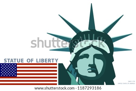 Portrait. Statue of Liberty USA, poster. Flag. Green Linear Image. New York. National Symbol of America.Illustration, white background. Use presentations,corporate reports, emblems, labels,logo,vector
