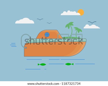Orange boat in flat style on sea