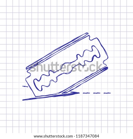 razor blade and cutting line. simple icon. Hand drawn picture on paper sheet. Blue ink, outline sketch style. Doodle on checkered background