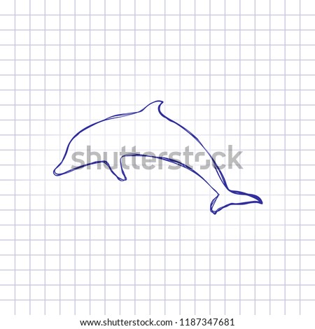 silhouette of dolphin. Hand drawn picture on paper sheet. Blue ink, outline sketch style. Doodle on checkered background