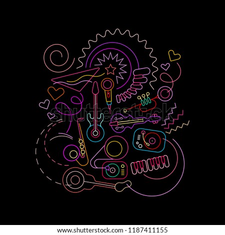 Neon colors on a black background Cocktails and Music vector illustration. Line art poster template design.