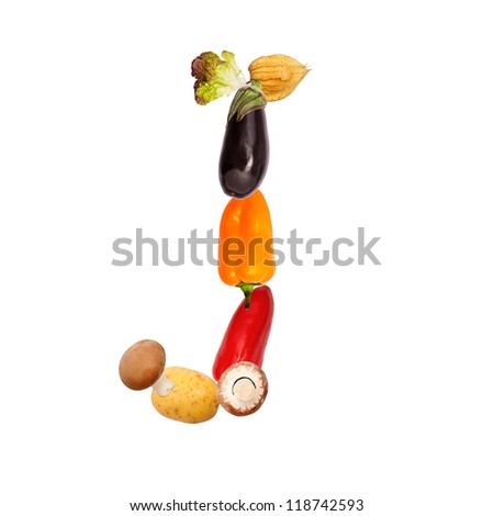 The letter j, composite with various fruits and vegetables, complete font available