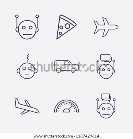 Outline 9 fast icon set. bot, van, airplane, plane landing, speedometer, chat bot and pizza vector illustration