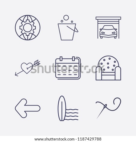 Outline 9 wood icon set. garage, armchair, globe setting, needle thread, heart in arrow, pail, calendar, surfing board and arrow vector illustration