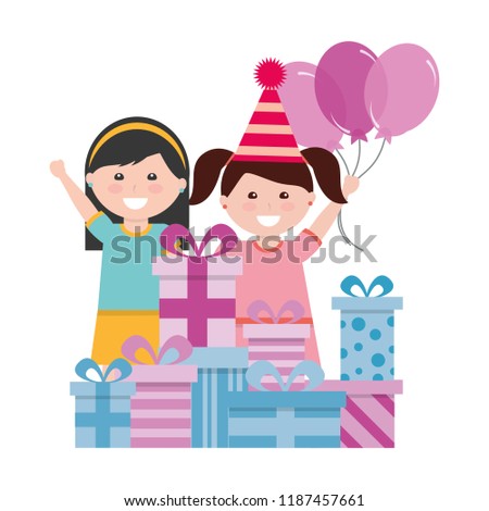 happy girls with birthday gifts and balloons celebration