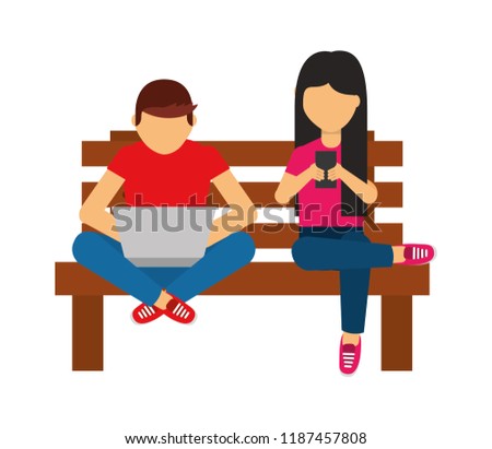 man with laptop and woman cellphone on bench