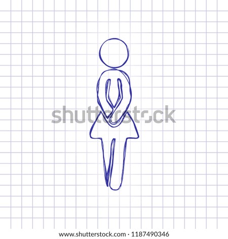 Female silhouette, woman icon. Hand drawn picture on paper sheet. Blue ink, outline sketch style. Doodle on checkered background
