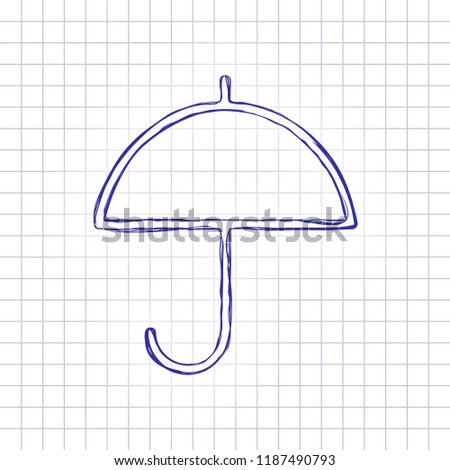 Simple umbrella icon. Linear, thin outline. Hand drawn picture on paper sheet. Blue ink, outline sketch style. Doodle on checkered background