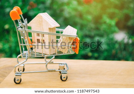 A small wooden house in a supermarket trolley. Buying, selling apartments, real estate, property. Loan, affordable housing for young families.