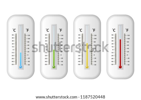 Vector realistic 3d celsius and fahrenheit meteorology, weather thermometer icon set closeup isolated on white background. Clip art, design template for graphics. Thermometers with different levels