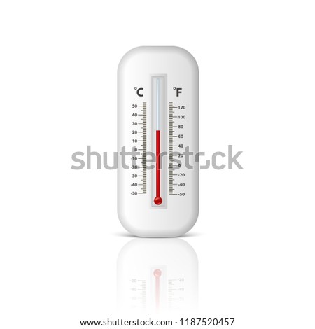 Vector realistic 3d white celsius and fahrenheit meteorology, weather thermometer icon closeup isolated on white background with reflection. Clip art, design template for graphics