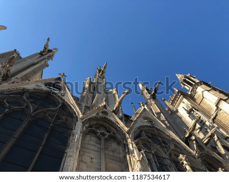 View from below on Notre Dame architecture and gargoyles 