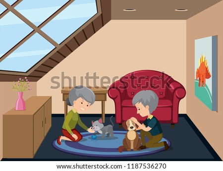 Senior couple and pet at attic illustration