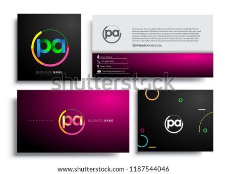 Letter PA logotype with colorful circle, letter combination logo design with ring, sets of business card for company identity, creative industry, web, isolated on white background.