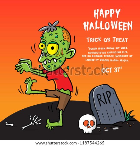 halloween greeting card or poster design with cartoon illustration. zombie character
