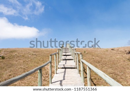 Lauro Muller, Santa Catarina, Brazil, 09/21/18 - Wooden staircase towards the infinite blue sky