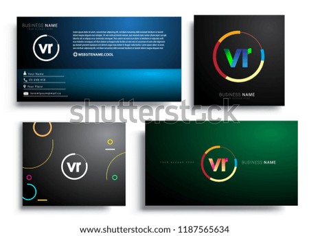 Letter VR logotype with colorful circle, letter combination logo design with ring, sets of business card for company identity, creative industry, web, isolated on white background.