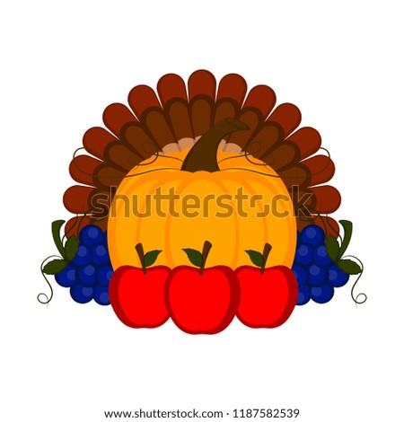 Grapes, apples and a pumpkin with turkey feathers
