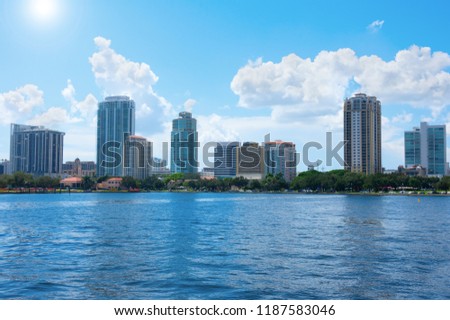 Saint Petersbur, Florida, buildings cityscape along the blue water shoreline of Tampa Bay on a beautiful sunny afternoon.