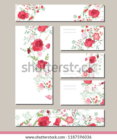 Floral spring templates with cute bunches of red roses.For romantic and easter design, announcements, greeting cards, posters, advertisement.
