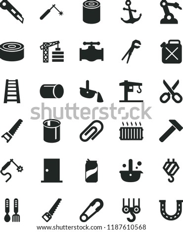 solid black flat icon set scissors vector, clip, safety pin, iron fork spoons, crane, tower, hook, winch, adjustable wrench, hand saw, arm, stepladder, ntrance door, stationery knife, hammer, anchor
