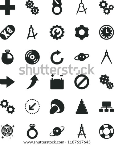 solid black flat icon set prohibition vector, clock face, right direction, plus, clockwise, stacking toy, tumbler, cogwheel, gear, left bottom arrow, timer, CD, porcini, accumulator, gears, scheme