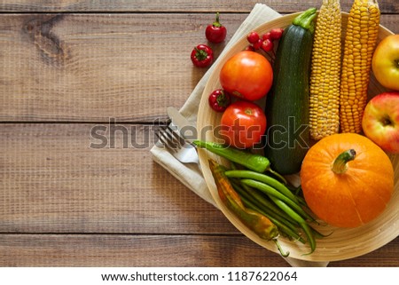 Harves on the table. Fruit and vegetables. Vegetarian diet.
