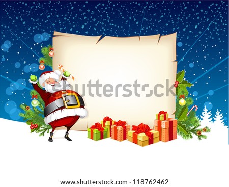 Santa Claus holding a candy and standing beside the scroll for gifts