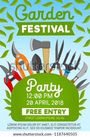 Garden festival invitation with gardening tools and green leaves. Vector shovel, fork and rake, scissors, axe and secateurs work equipment. Gardening, farming, agriculture and landscaping theme