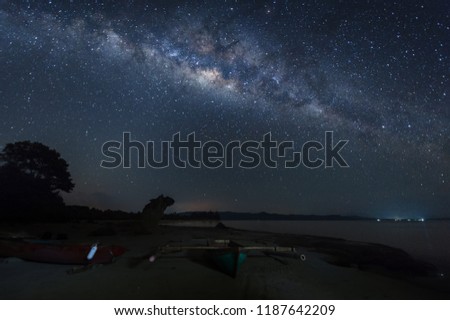 milkyway gslaxy rise above Unknown beach at Kudat, Malaysia. soft focus and noise due to long expose and high iso.