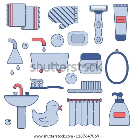 Vector illustration with flat line cartoon bathroom background. Circle background with bathroom soap, cosmetics, duck, bathroom towel, mirror, brush. Cartoon cute bathroom concept