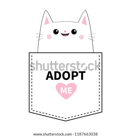 Adopt me. Kitten sitting in the pocket. Pink heart. Cute cartoon animals. Cat kitty character. Dash line. Pet animal collection. T-shirt design Baby background Isolated Flat design 
