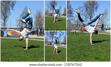 Break-dancer showing his skills. Collage of four photos.